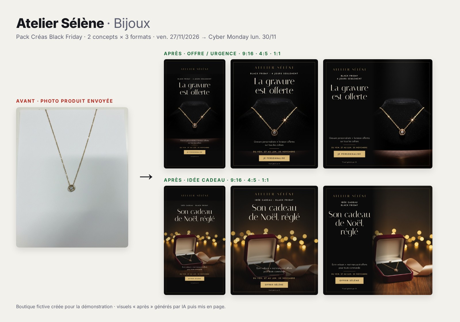 Photo produit d'un bijou, puis les créas Black Friday en formats story, portrait et carré
